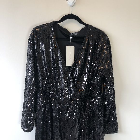 BloomChic Black Metallic Sequined Long Sleeve Dress Faux Wrap Size 14/16 NWTs - Picture 6 of 13